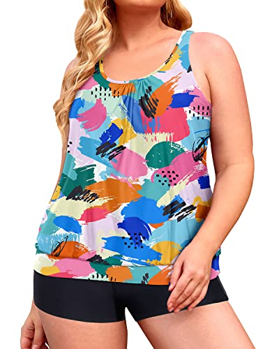 Wirefree Chest Pad Tankini Tops Swim Shorts For Women-Color Block