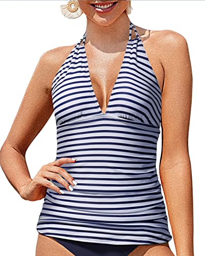 Halter Tankini Top No Bottom V Neck Swim Top Tummy Control Bathing Suit Top-Blue And White Stripes