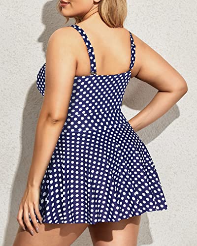 Plus Size Tie Front One Piece Swimsuits For Women-Navy Blue Polka Dot