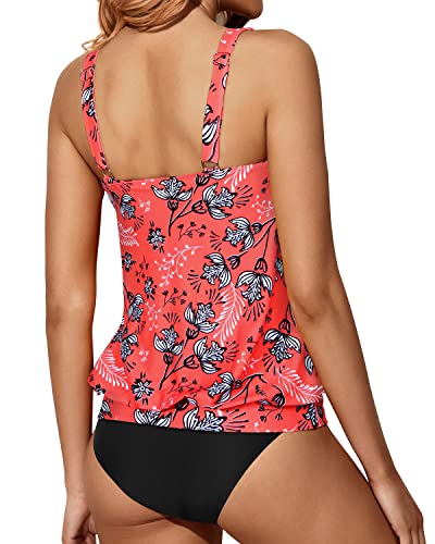 Tankini Swimsuits Removable Soft Bra And Triangle Briefs-Red Floral