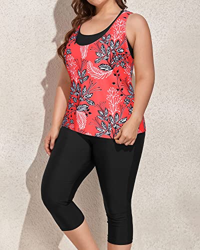 Athletic Bathing Suits For Women Plus Size Tankini Tops And Swim Capris-Red Floral
