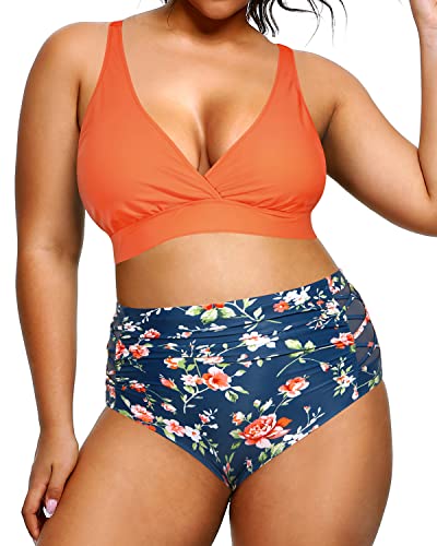 Pool Party Plus Size Bikini High Waisted Bikini Swimsuits For Women-Orange Flowers