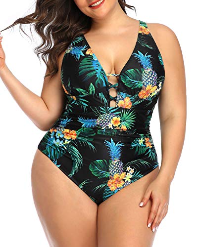 Sexy Deep V Neck Plus Size One Piece Swimsuit For Women-Black Pineapple