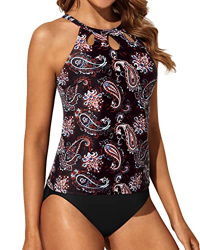 Trendy High Neck Two Piece Tummy Control Tankini Swimwear-Black Tribal