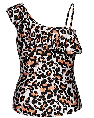 Flirty Ruffle Detail One Shoulder Tankini Tops Push Up Bra For Women-Leopard