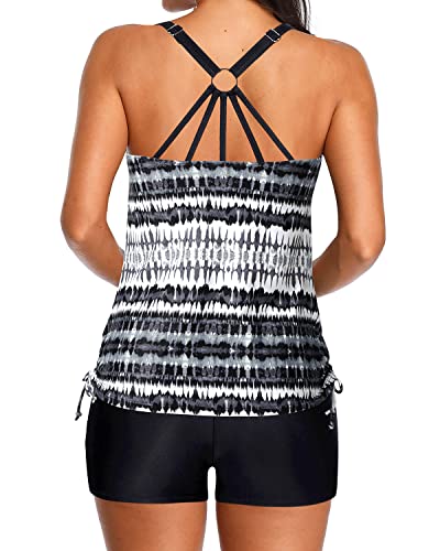 Drawstring Tie Side Swimwear Female Tankini Boyleg Bottom-Black And White Tribal