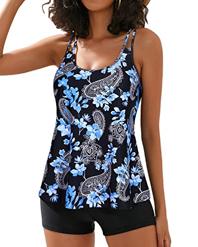 Athletic Swimsuits Tankini Top Boy Shorts Tummy Control Bathing Suits-Black Floral