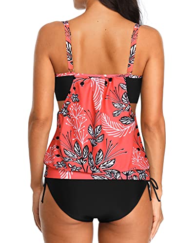 Athletic Two Piece Blouson Tankini Swim Tops Bikini Bottoms-Red Floral