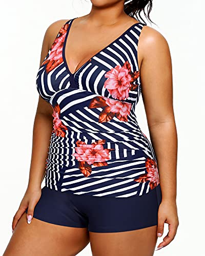 Tummy Control Tankini Two Piece Bathing Suits Plus Size Swimsuits Shorts-Blue Floral