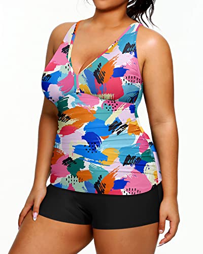 Plus Size Tankini Shorts Tummy Control Bathing Suit-Color Block