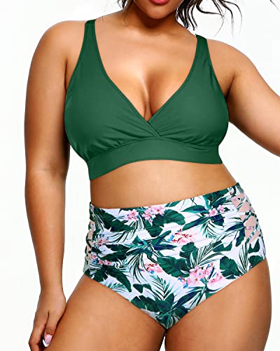2 Piece Plus Size Bikini Set High Waisted Swimsuits Tummy Control Swimwear-Green Floral