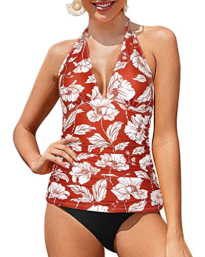 Tummy Control Halter Tankini Swimsuits Bikini Bottom For Women-Red Floral