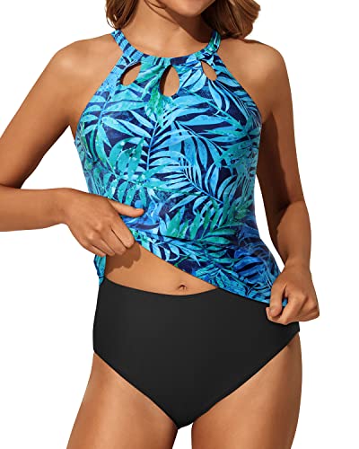 Two Piece High Neck Sexy Tankini Swimsuits For Women-Dark Blue Green Leaves