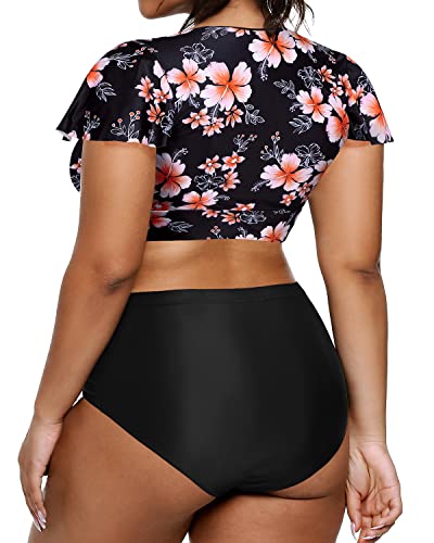 High Waisted Swimsuits Ruched Full Coverage Bottoms For Plus Size Women-Pink Flower