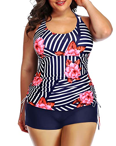 Women's Plus Size Tankini Swimsuit Top Shorts Athletic 2 Piece Swimwear-Blue Floral