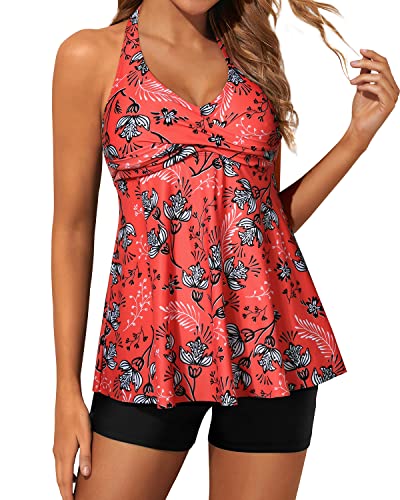 Flattering Twist Front Tankini Swimsuits For Women Shorts-Red Floral