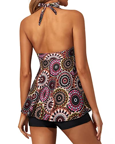 Halter V Neck Tankini Swimsuits For Women Shorts-Brown Print