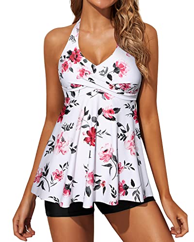 Two Piece Tankini Swimsuits For Women Shorts Halter V Neck Bathing Suits-White Floral