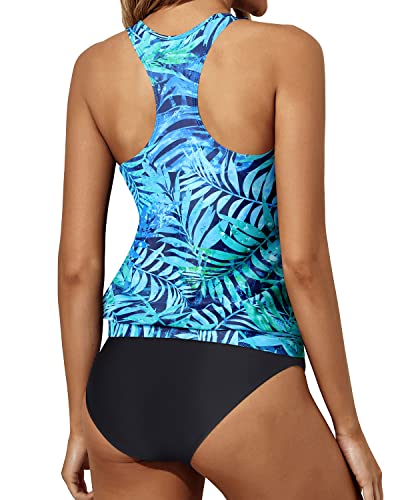 Blouson Tankini Tops Bikini Bottoms Swimsuit Blouson Swimwear-Dark Blue Green Leaves