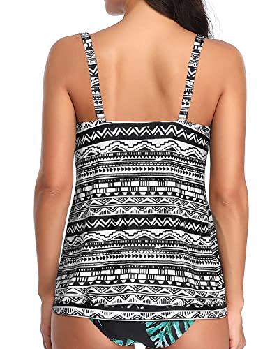 Adjustable Shoulder Straps Loose Fit Tank Top Women's Tankini Tops Only-Black And White Stripe