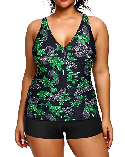 Athletic Plus Size Tankini Shorts Tummy Control Two Piece Swimsuits-Green Paisley