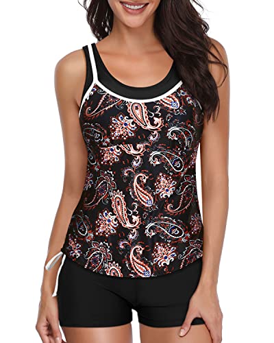 Two Piece Tankini Swimsuits Shorts Athletic Bathing Suits Slimming Swimwear-Black Tribal