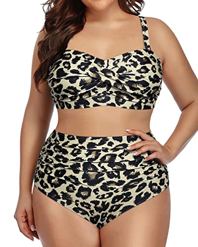 Plus Size Two Piece Swimsuits High Waisted Bathing Suits Bandeau Bikini-Leopard