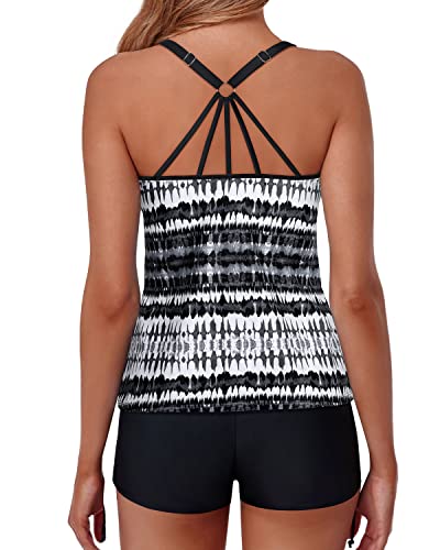 Modest Two Piece Tankini Swimsuits For Women Shorts-Black And White Tribal