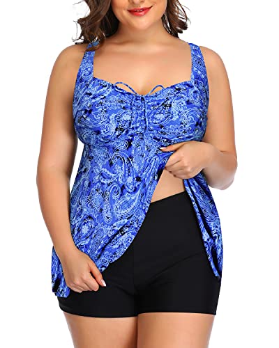 Adjustable Strap Plus Size Tankini Swimsuits For Women-Blue Tribal