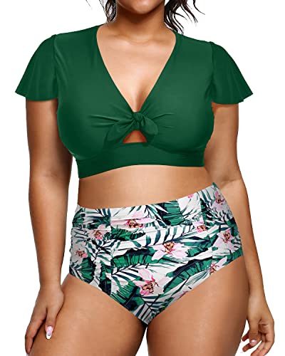 Two Piece Tummy Control Bathing Suits Ruffle Sleeves For Plus Size Women-Green Tropical Floral
