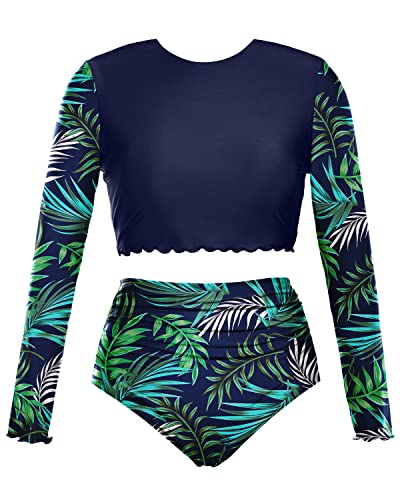 Two Piece Bathing Suit Long Sleeve Rash Guard For Women-Navy Blue Leaf