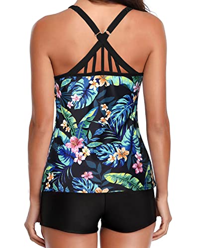 Cute Scoop Neck Tankini Swimsuits For Women Boy Shorts-Black Green Leaves