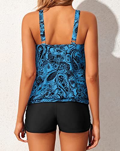 Adjustable Side Ties Swimsuits For Women Tops Boyshorts-Black And Tribal Blue