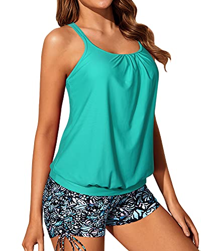 Women's Push Up Padded Blouson Tankini Swimsuits Two Piece Strappy Bathing Suit-Light Blue-Green Floral