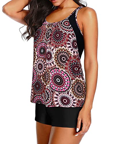Padded Bra Adjustable Wide Straps Two Piece Tankini Set Casual Tankini Set-Brown Print