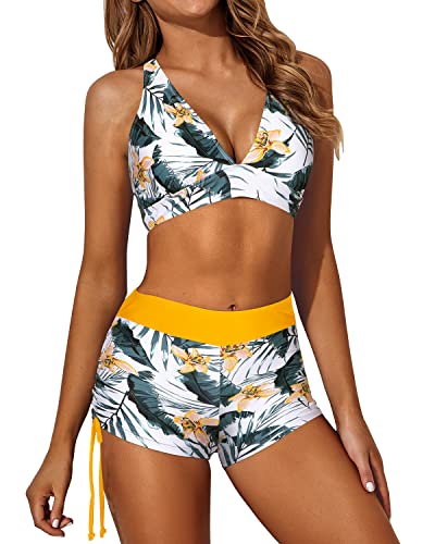 Modest Tankini Top Boy Shorts & Bra Athletic 3 Piece Swimsuits-Yellow And Leaves