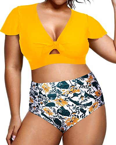 Two Piece Plus Size Bikini Set High Waisted Swimsuit For Women-Yellow Floral