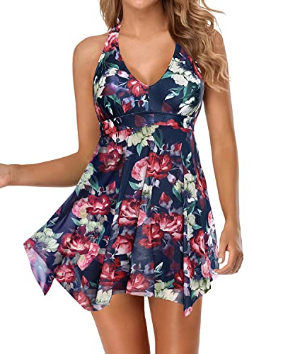 V Neck Backless One Piece Bathing Suit Skirt For Women-Navy Blue Floral