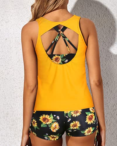 Athletic Swim Tank Top And Shorts Flattering Backless Tankini-Yellow And Sunflower