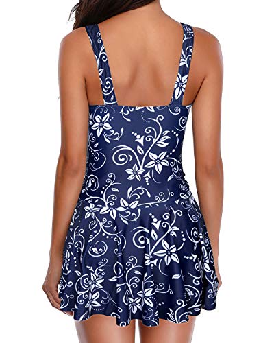 Modest And Elegant One Piece Swimdress Skirt For Women-Navy Blue Floral