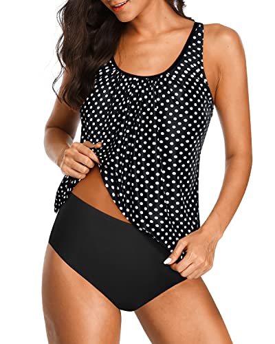 Women's 2 Piece Blouson Tankini Swimsuits Tummy Control Bathing Suits-Black Dot