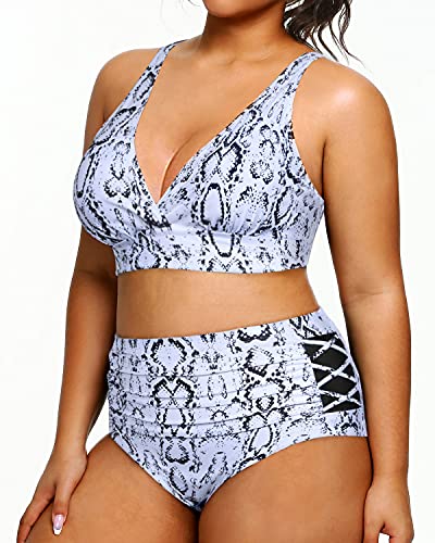 Stylish Tummy Control Plus Size Two Piece Bathing Suits-Snake Print