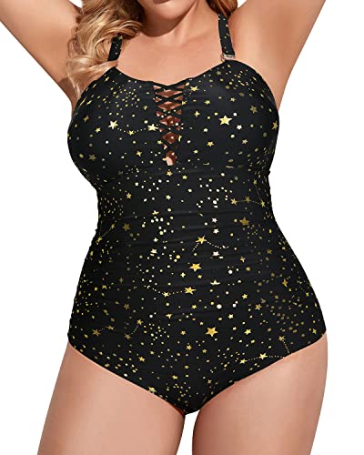 Ruched Adjustable Shoulder Straps Tummy Control Plus Size Swimsuits-Gold Stars