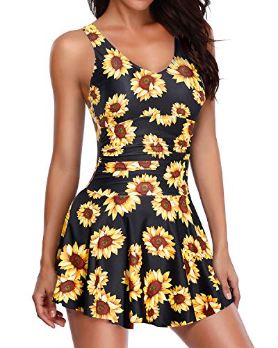 Vintage Long One Piece Swimsuit Skirt For Women-Black And Sunflower