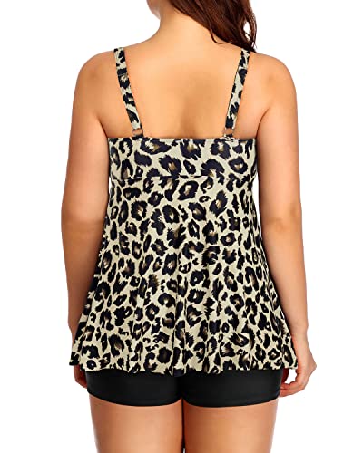 Padded Push Up Bra And Adjustable Shoulder Straps Tankini Swimsuits For Women-Black And Leopard