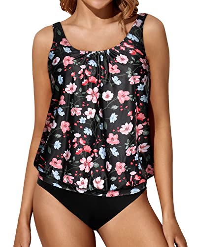 Casual And Chic Blouson Tankini Sets Loose Fitting Tank Tops For Women-Black And Pink Floral