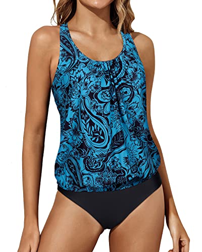 Racerback Tankini Tank Tops Bottoms Blouson Swimwear For Women-Black And Tribal Blue