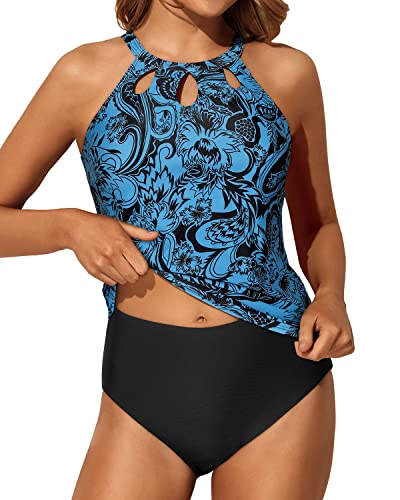 High Waisted Tummy Control Bathing Suit Halter Design Backless Tankini-Black And Tribal Blue