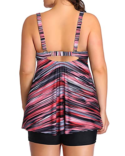 Women's Adjustable Shoulder Straps Plus Size Tankini Swimsuits-Pink Stripe