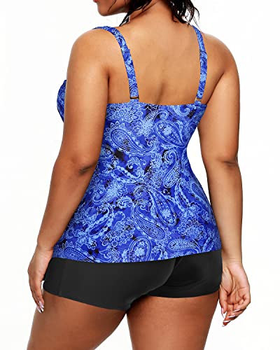 Women's Plus Size Deep V Neckline Ruched Tummy Control Tankini Swimsuit-Blue Tribal